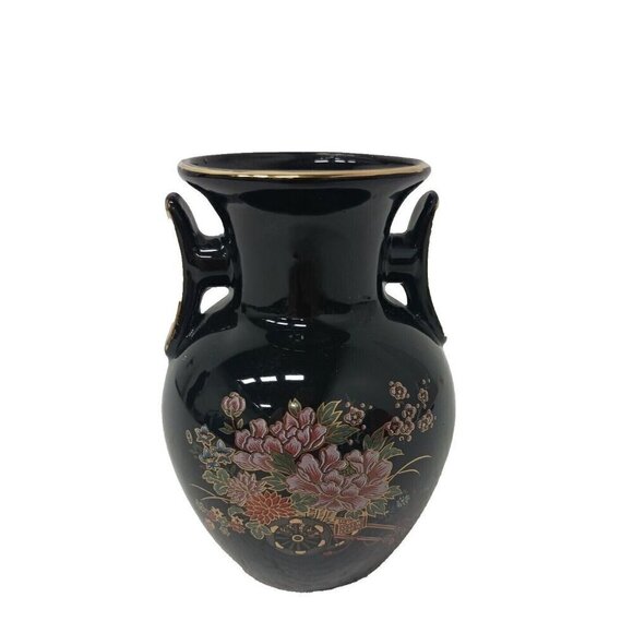 VTG Japanese Porcelain Floral Design Gold Accent Black Vase Double Handled 5" - Picture 1 of 9